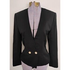 Vtg Anne Klein Blazer Jacket Black V Neck Collarless 2/4 Office Secretary Retro
